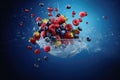 Fresh berries strawberry, blackberry, raspberry, blueberry in water splash on blue background Royalty Free Stock Photo