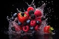 Fresh berries strawberry, blackberry, raspberry, blueberry in water splash on blue background. Royalty Free Stock Photo