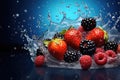 Fresh berries strawberry, blackberry, raspberry, blueberry in water splash on blue background. Royalty Free Stock Photo