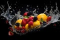 Fresh berries strawberry, raspberry, blueberry in water splash on blue background. Royalty Free Stock Photo