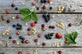 Fresh berries of white, black, currant, cherry, gooseberry and strawberry lie on the table in a scatter. Texture