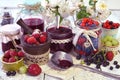 Fresh berry in assortment, spoon and vintage glass jars on the napkin Royalty Free Stock Photo