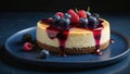 Fresh berry cheesecake food photography on dark background. Royalty Free Stock Photo