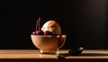 Fresh berry dessert on wooden table, spoon included generated by AI