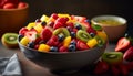 Fresh berry salad with granola on rustic wooden plate generated by AI