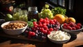 Fresh berry salad with yogurt, granola, and almond on rustic plate