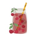 Fresh berry smoothie in a glass with a straw.Cherry, cranberry and raspberry drinks.Glass jar with lemonade,a cocktail Royalty Free Stock Photo