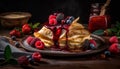 Fresh berry stack on homemade rustic wood plate generated by AI