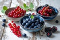 Fresh berry trio: Vibrant blueberries, red currants, and blackberries elegantly displayed in bowls on a rustic white Royalty Free Stock Photo