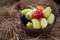 Fresh bio vegetables in a basket - red Californian pepper, eggplant, fresh corn, cob, yellow pepper, basket, kosh Royalty Free Stock Photo