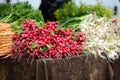 Fresh bio vegetables and herbs on street farmer market. Typical local agricultural fair of weekend. Sale of organic veggies - Royalty Free Stock Photo