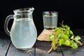 Fresh birch juice in a glass and birch branches