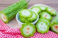 Fresh bitter gourd in white bowl on wooden table background Royalty Free Stock Photo