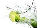 Fresh bitter lime citrus with splashes of water isolated on white