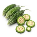Fresh bitter melons whole and sliced on a white background Royalty Free Stock Photo