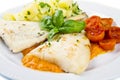 Fresh black cod with potatoes and tomatoes sauce