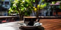 Fresh Black Coffee in Outdoor Cafe, Coffee Cup in Coffeeshop City, Black Coffee on Restaurant Table Royalty Free Stock Photo