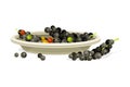 Fresh black peppercorns in ceramic bowl. Organic herbal seasoning vector illustration
