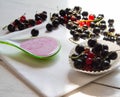 Fresh black and red currant with green leaves on white wooden boards. Homemade yogurt with berries  in spoon Royalty Free Stock Photo