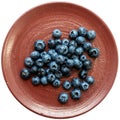 Fresh blackberries or blueberries in a brown clay ceramic plate photographed from above.