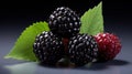 Fresh Blackberries on Dark Background. Close up of black berries with green leaves. Delicious healthy dessert rich in