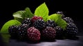 Fresh Blackberries on Dark Background. Close up of black berries with green leaves. Organic eco product. Delicious