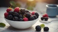 Fresh Blackberries In White Ceramic Bowl. Royalty Free Stock Photo