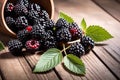 Fresh blackberries on wooden table, blackberries with sunlight, sweet berry on wood background