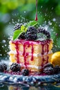 Fresh Blackberry Dessert with Mint and Berry Coulis on Elegant Dark Plate with Water Drops