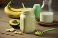 Fresh blended Banana and avocado smoothie with yogurt or milk in mason jar. AI generation