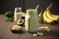 Fresh blended Banana and avocado smoothie with yogurt or milk in mason jar. AI generation