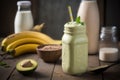 Fresh blended Banana and avocado smoothie with yogurt or milk in mason jar. AI generation