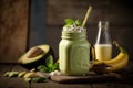 Fresh blended Banana and avocado smoothie with yogurt or milk in mason jar. AI generation