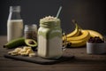 Fresh blended Banana and avocado smoothie with yogurt or milk in mason jar. AI generation