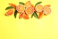 Fresh bloody oranges on color background, flat lay. Citrus fruits