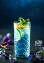 Fresh blue lagoon cocktail with lime, mint and ice in jar glass on dark blue background. Studio shot of drink in freeze motion Royalty Free Stock Photo