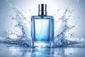 Fresh Blue Perfume Bottle Surrounded By Dynamic Water Splash Effect Royalty Free Stock Photo