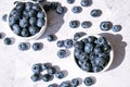 Fresh blueberries background with copy space. Blueberry antioxidant organic superfood in bowls concept for healthy Royalty Free Stock Photo