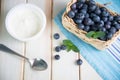 Fresh blueberries in basket on kitchen table