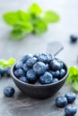 Fresh Blueberries in a bowl on dark background, top view. Juicy wild forest berries, bilberries. Royalty Free Stock Photo