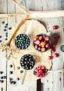 Fresh blueberries, currants and gooseberries, rustic, top view Royalty Free Stock Photo