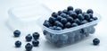 Fresh blueberries fill clear plastic container. Small berries with blue skin and green stems sit on white surface. Kitchen Royalty Free Stock Photo