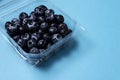 Fresh blueberries inside plastic container on blue background Royalty Free Stock Photo