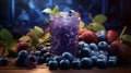 Fresh Blueberries juice and blueberries on table. AI generated