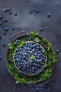 Fresh blueberries in a metal tray and beside