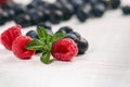 Fresh blueberries with mint on a wooden white table. Natural antioxidant. Concept of healthy food. Organic superfood Royalty Free Stock Photo