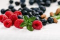 Fresh blueberries with mint on a wooden white table. Natural antioxidant. Concept of healthy food. Organic superfood Royalty Free Stock Photo