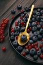 Fresh blueberries and red currant close-up arrangement in gold spoon and black dish studio shot on wood dark background Royalty Free Stock Photo