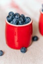 fresh blueberries in red pots on a wooden background, on a drop of water berries.
