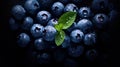 Fresh blueberries ripe with grean leaf and water drops in top view isolated on dark background